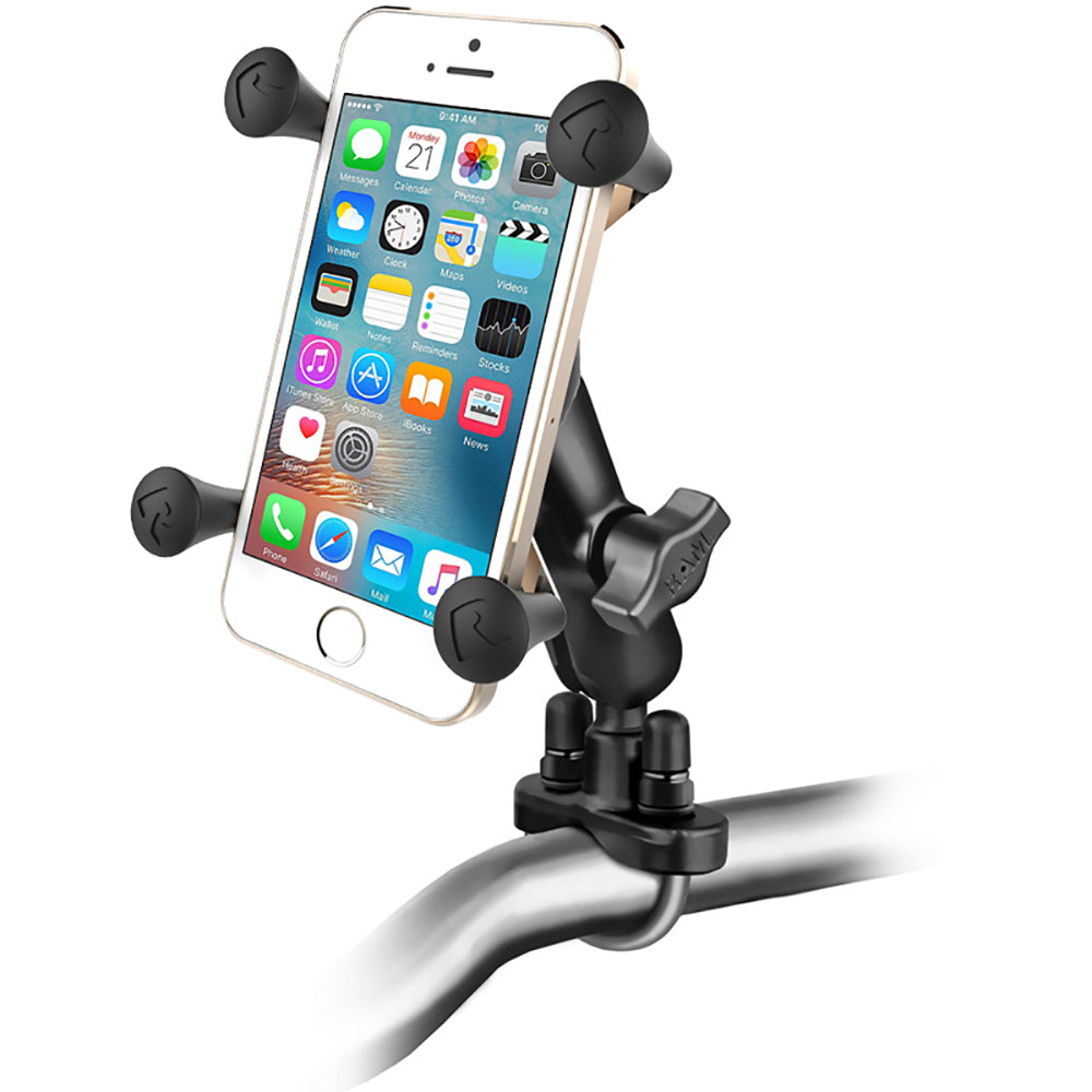 RAM Mount Handlebar Rail Mount with zinc-coated U-bolt base and universal X-Grip cell phone cradle for bikes and motorcycles.