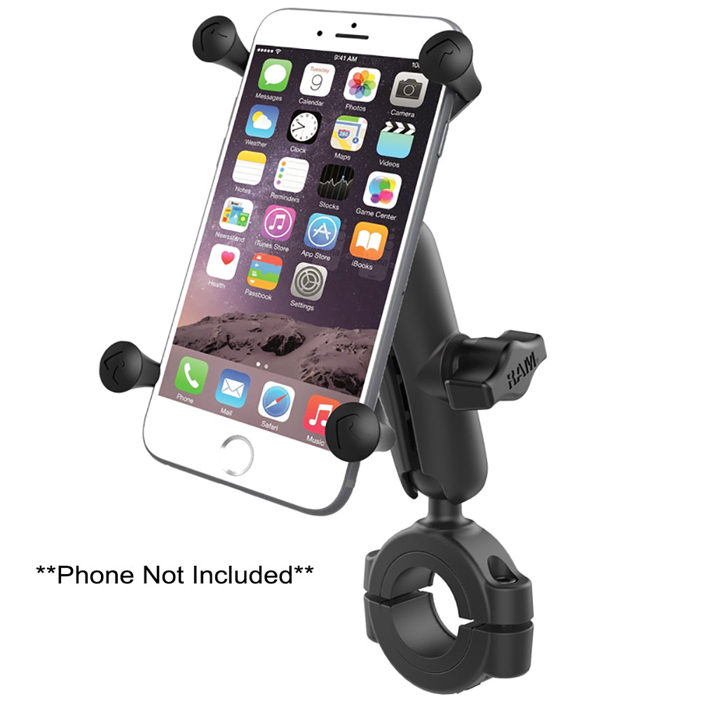 RAM Mounts RAM Torque handlebar cell phone mount with 1" ball, medium arm, X-Grip for larger phones on bikes or rails.