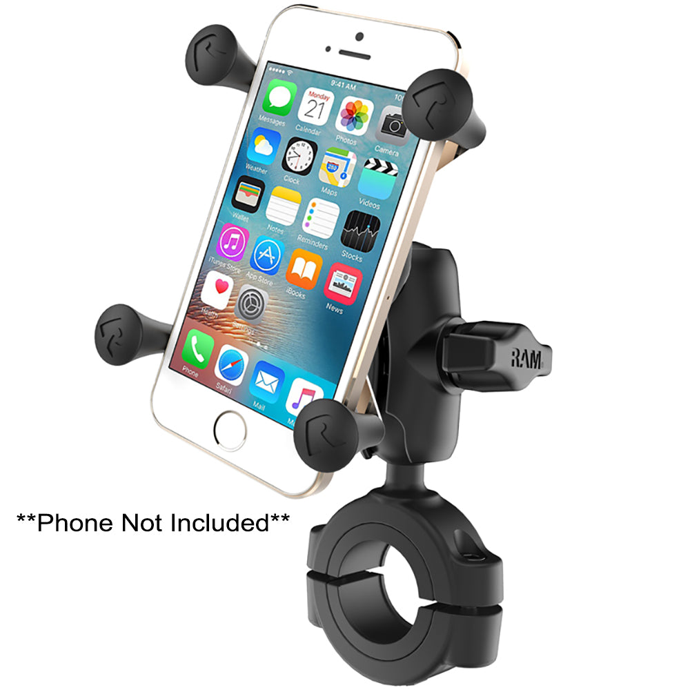 RAM Mounts RAM Torque handlebar cell phone mount with B size 1-inch ball, short arm, and X-Grip for secure phone attachment.