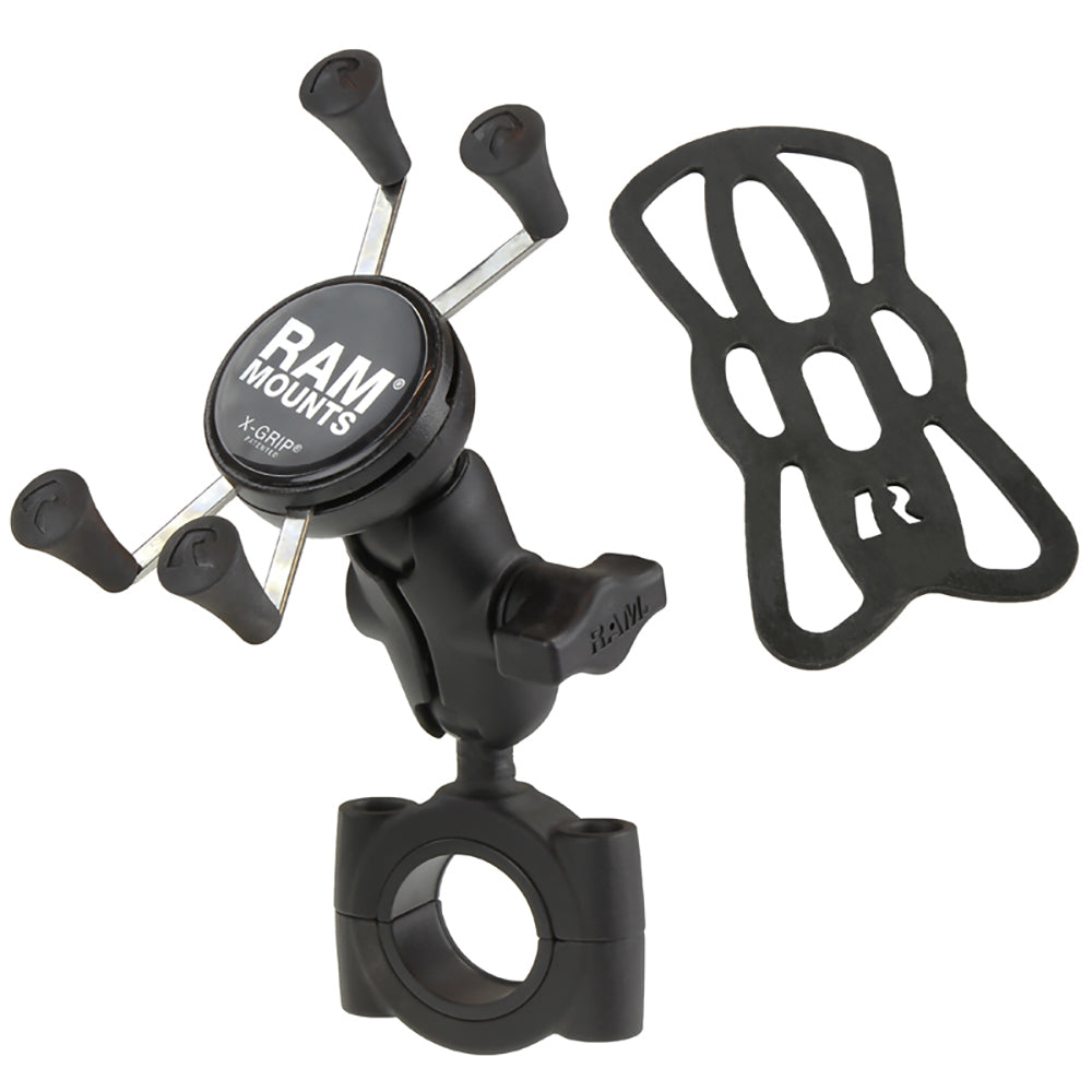 RAM Mounts RAM Torque handlebar cell phone mount with B size 1-inch ball, short arm, and X-Grip holder for smartphones.