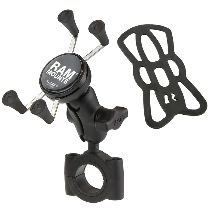 RAM Mounts RAM Torque handlebar cell phone mount with B size 1-inch ball, short arm, and X-Grip holder for smartphones.