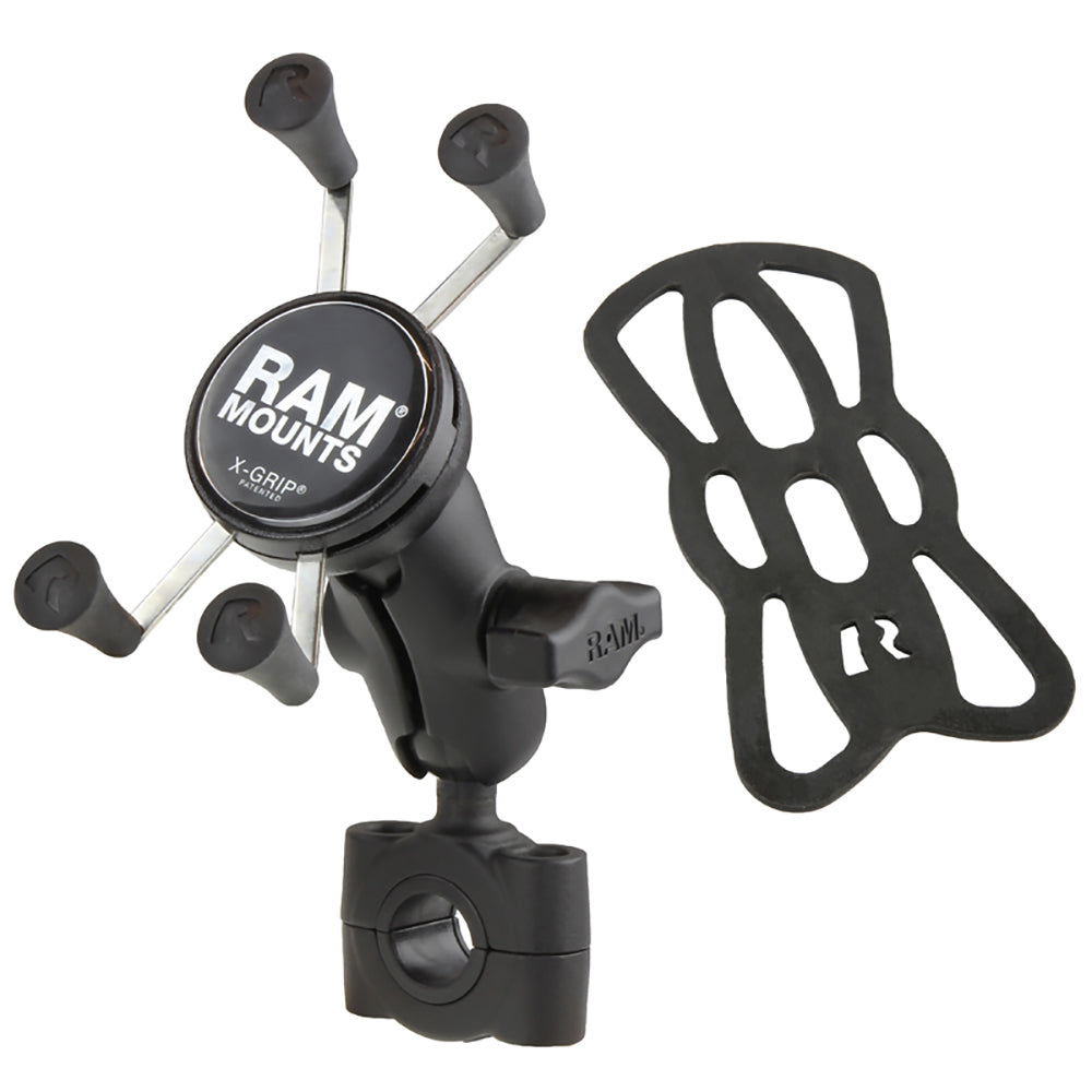 RAM Mount RAM Torque handlebar cell phone mount with 1" ball, short arm, and X-Grip for secure phone attachment on bikes or vehicles.