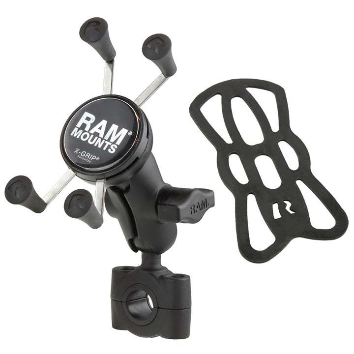 RAM Mount RAM Torque handlebar cell phone mount with 1" ball, short arm, and X-Grip for secure phone attachment on bikes or vehicles.