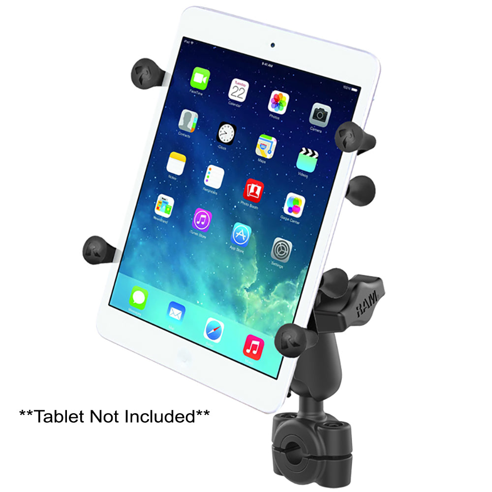 RAM Mounts RAM Torque 3/8" to 5/8" Mini Rail Base with 1" ball, medium arm, and X-Grip holding a 7-8 inch tablet.