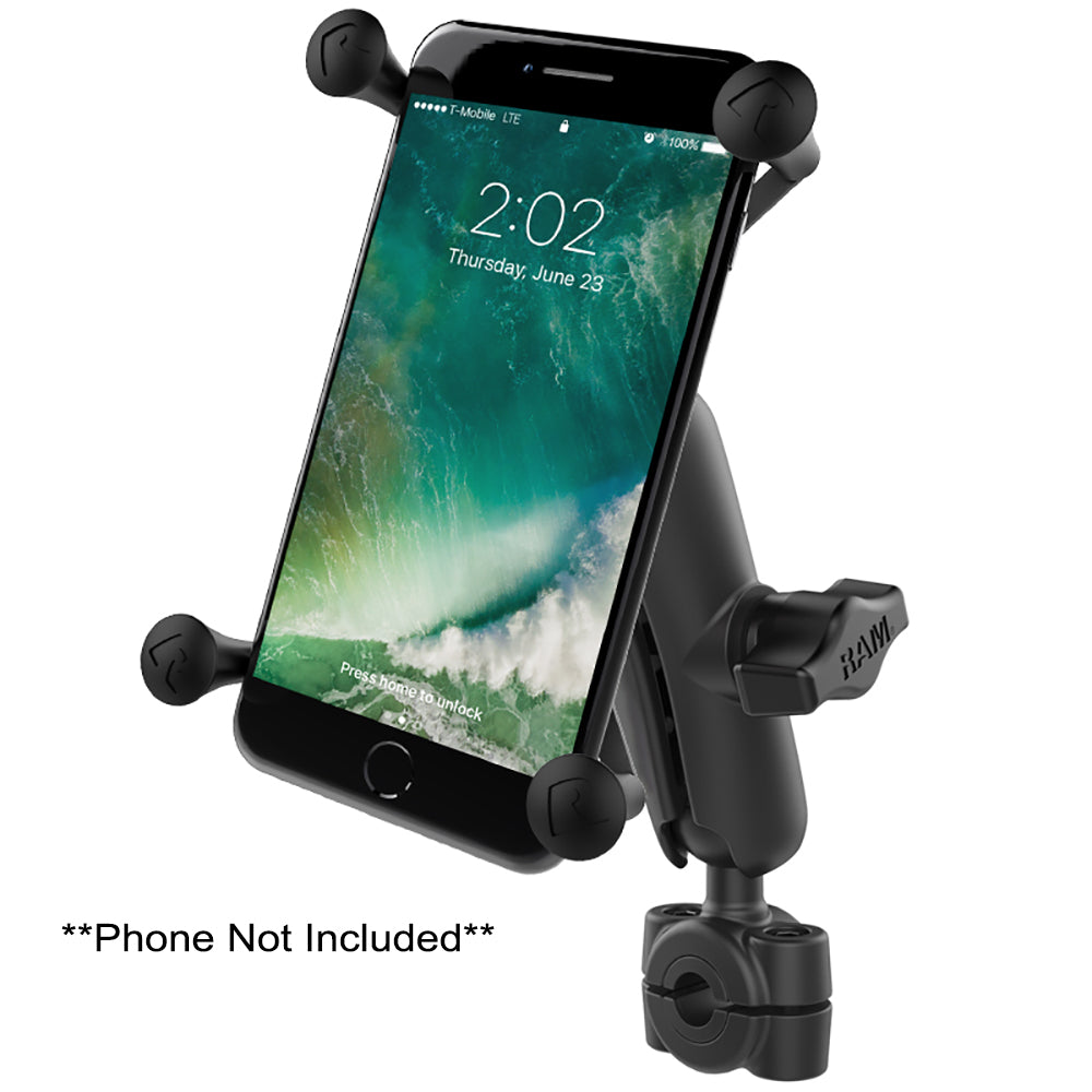 RAM Mount RAM Torque 3/8" - 5/8" mini rail base with 1" ball, medium arm, and X-Grip for larger cell phones.