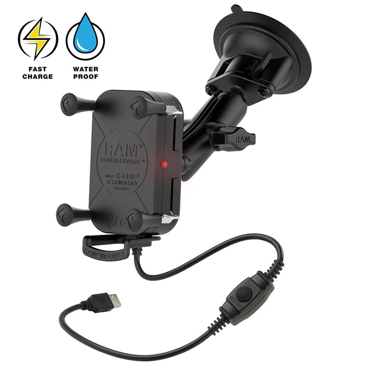 RAM Tough-Charge 15W Wireless Charging Suction Cup Mount for cell phones, with adjustable grip and charging port.
