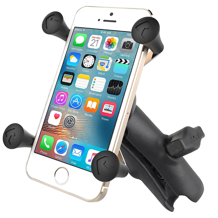 RAM Mount Universal X-Grip cell phone cradle with double socket arm, sturdy mount for smartphones, by RAM Mounting Systems.