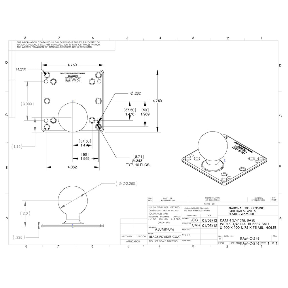RAM Mount D size 100x100mm VESA plate with 2.25-inch ball for secure mounting, compatible with RAM Mounting Systems.