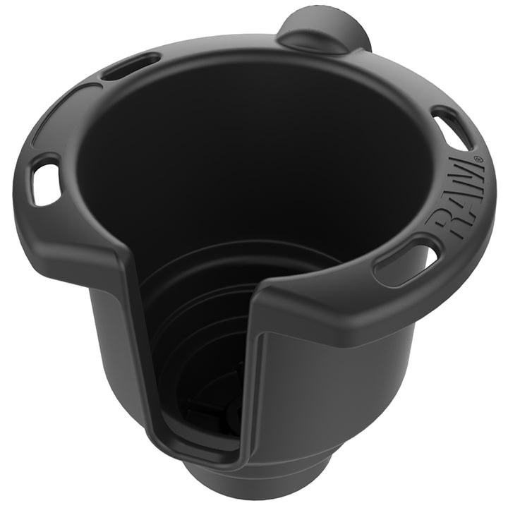 RAM Mount Drink Cup Holder for Tracks, durable cup mount designed for secure attachment to tracks on vehicles or equipment.