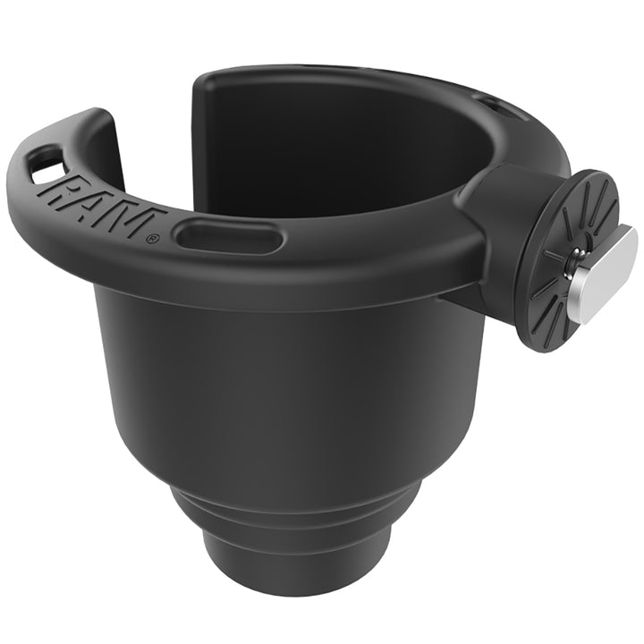 RAM Mount Drink Cup Holder for Tracks, durable cup mount designed for secure attachment to vehicle tracks by RAM Mounting Systems