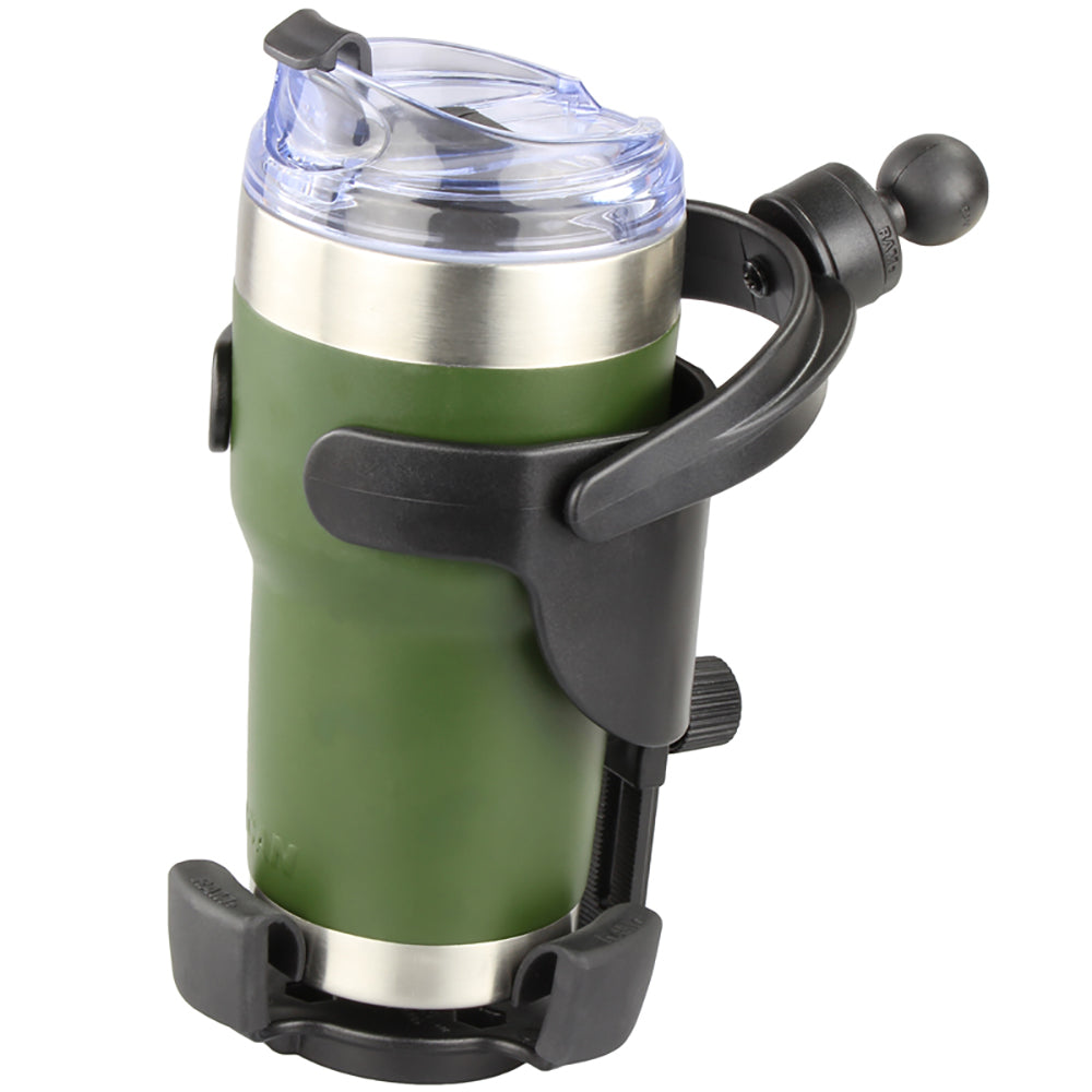 RAM Mount Level Cup XL drink cup mount with B size 1-inch ball for secure vehicle or boat cup holder attachment.