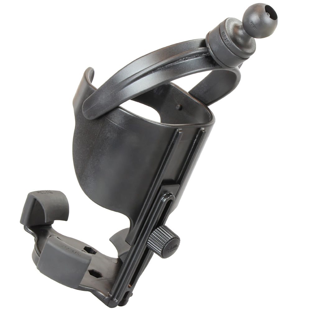 RAM Mount Level Cup XL drink cup mount with B Size 1-inch ball for secure vehicle or boat cup holder attachment.