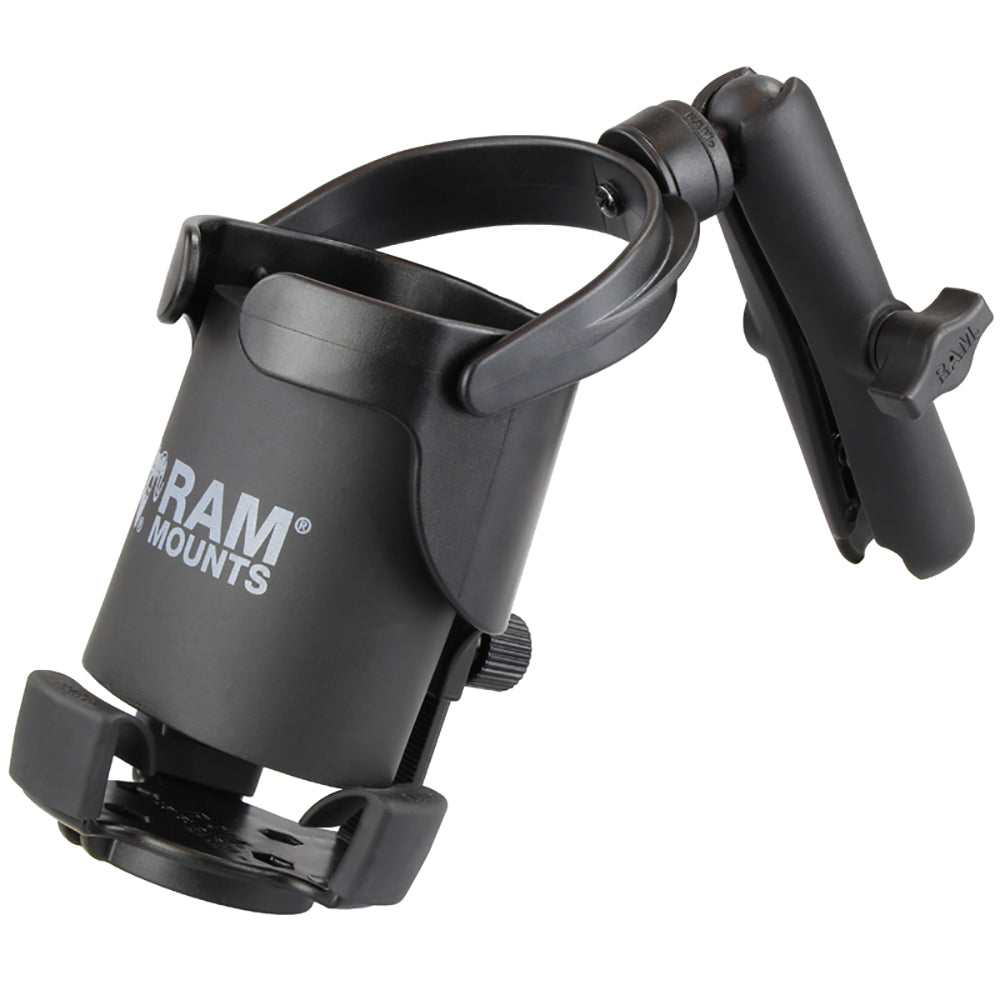 RAM Mount Level Cup XL drink cup mount with long double socket arm, compatible with various beverages and vehicle or bike setups.