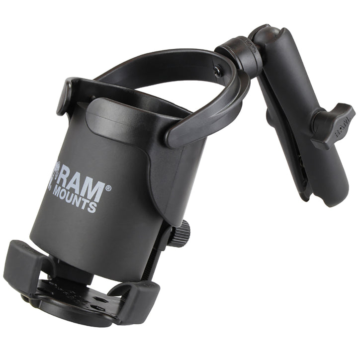RAM Mount Level Cup XL drink cup mount with long double socket arm, compatible with various beverages and vehicle or bike setups.