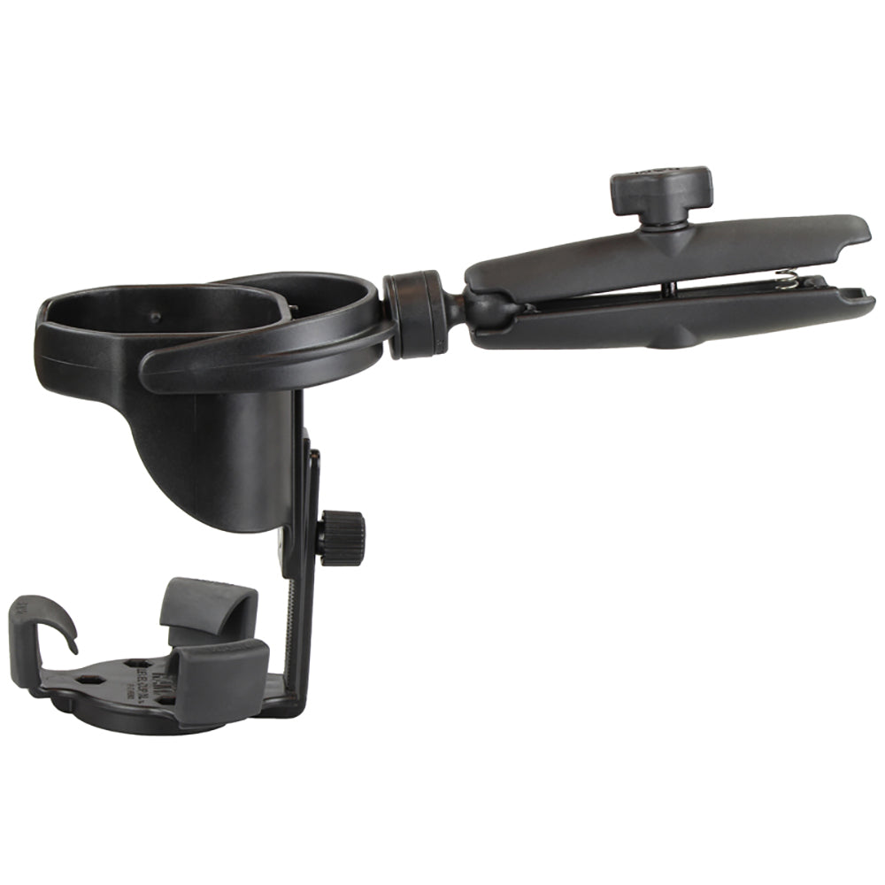 RAM Mount Level Cup XL with long double socket arm, a durable drink cup mount by RAM Mounting Systems for secure vehicle use.
