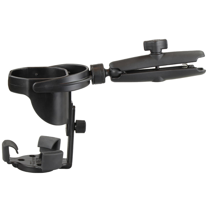 RAM Mount Level Cup XL with long double socket arm, a durable drink cup mount by RAM Mounting Systems for secure vehicle use.