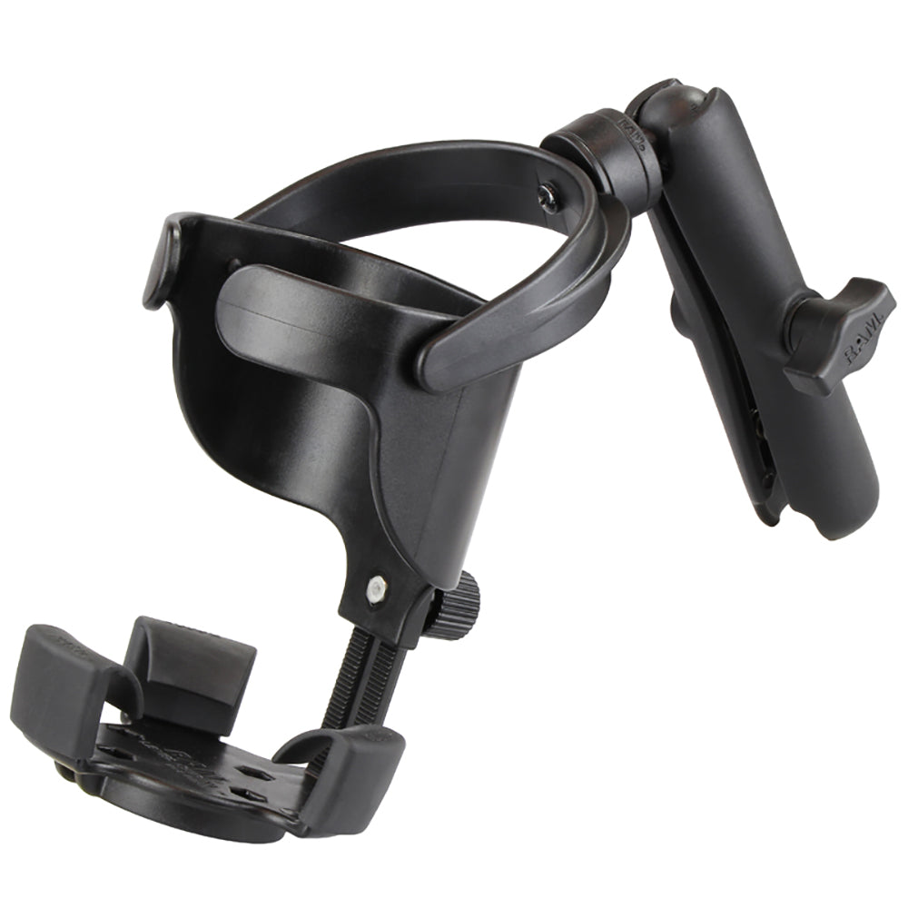 RAM Mount Level Cup XL drink cup mount with long double socket arm, designed for secure beverage holding in vehicles or on equipment.