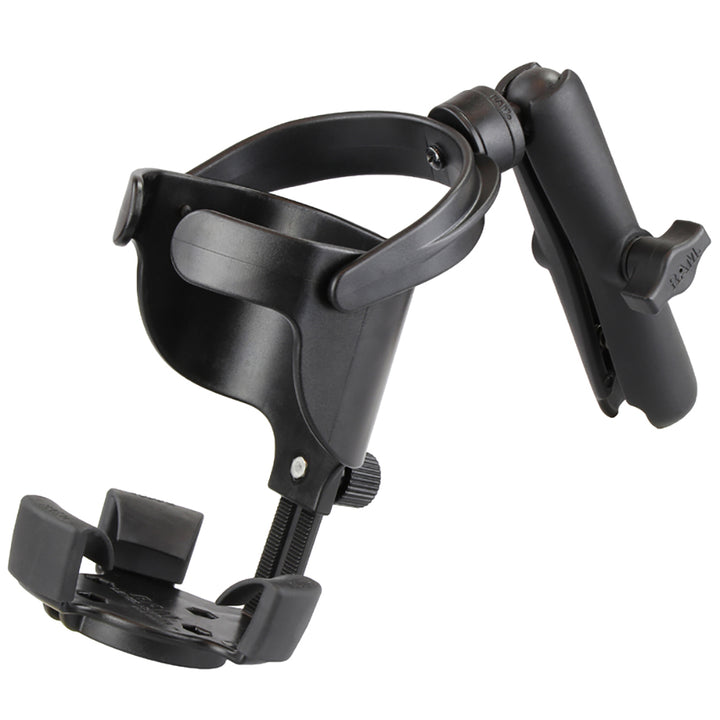 RAM Mount Level Cup XL drink cup mount with long double socket arm, designed for secure beverage holding in vehicles or on equipment.