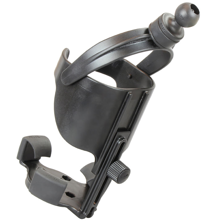 RAM Mount Level Cup XL with long double socket arm, a drink cup mount from RAM Mounting Systems, shown with mounting hardware.