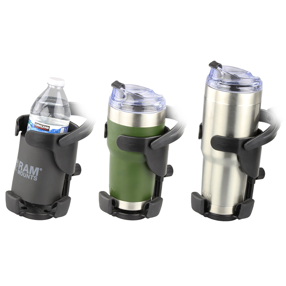 RAM Mount Level Cup XL drink cup mount with single socket for B size 1-inch ball, designed for secure vehicle or bike installation.