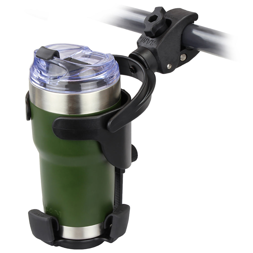 RAM Mount Level Cup XL with Small Tough-Claw drink cup mount attached to vehicle or bike for secure hydration.