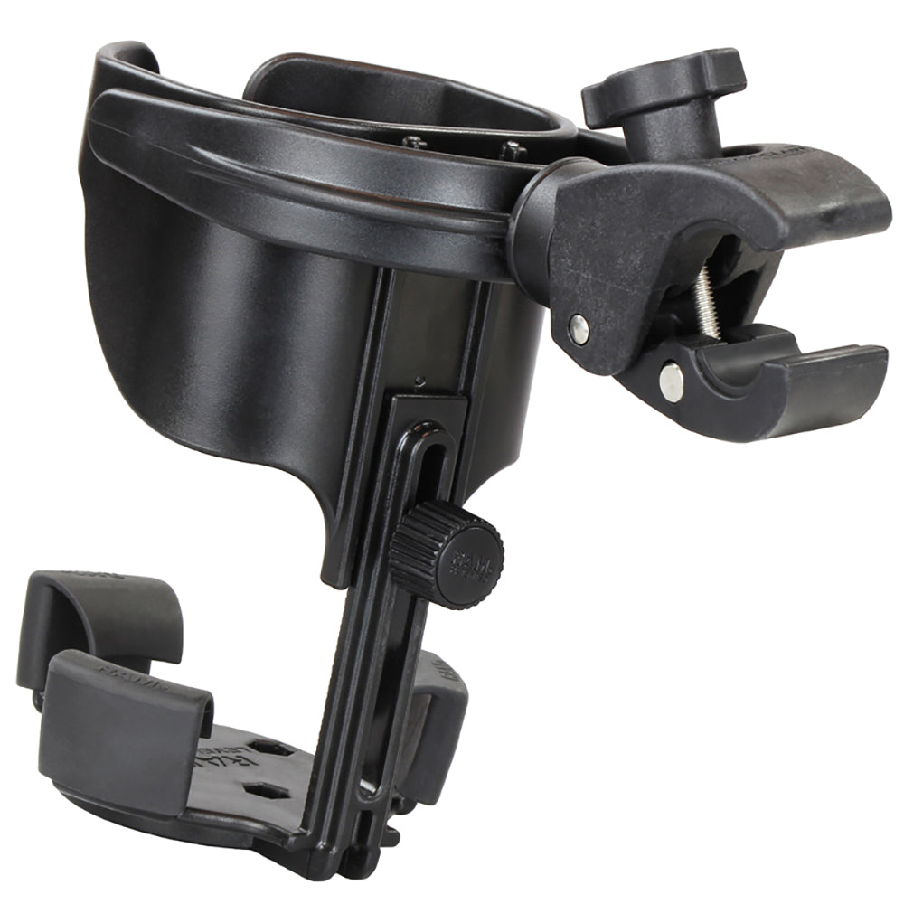 RAM Mount Level Cup XL drink cup mount with small Tough-Claw clamp for secure vehicle or bike cup holder attachment.