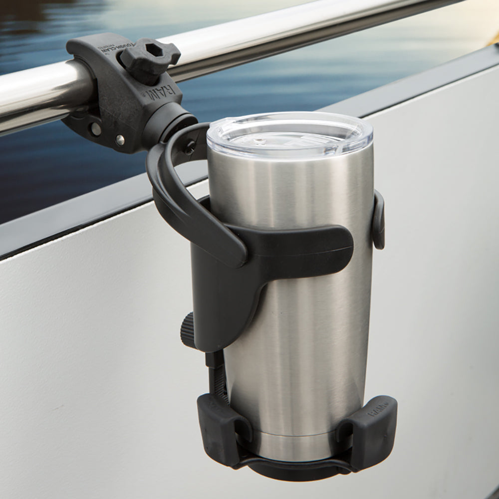 RAM Mount Level Cup XL with Small Tough-Claw drink cup mount for secure vehicle or bike attachment, by RAM Mounting Systems.