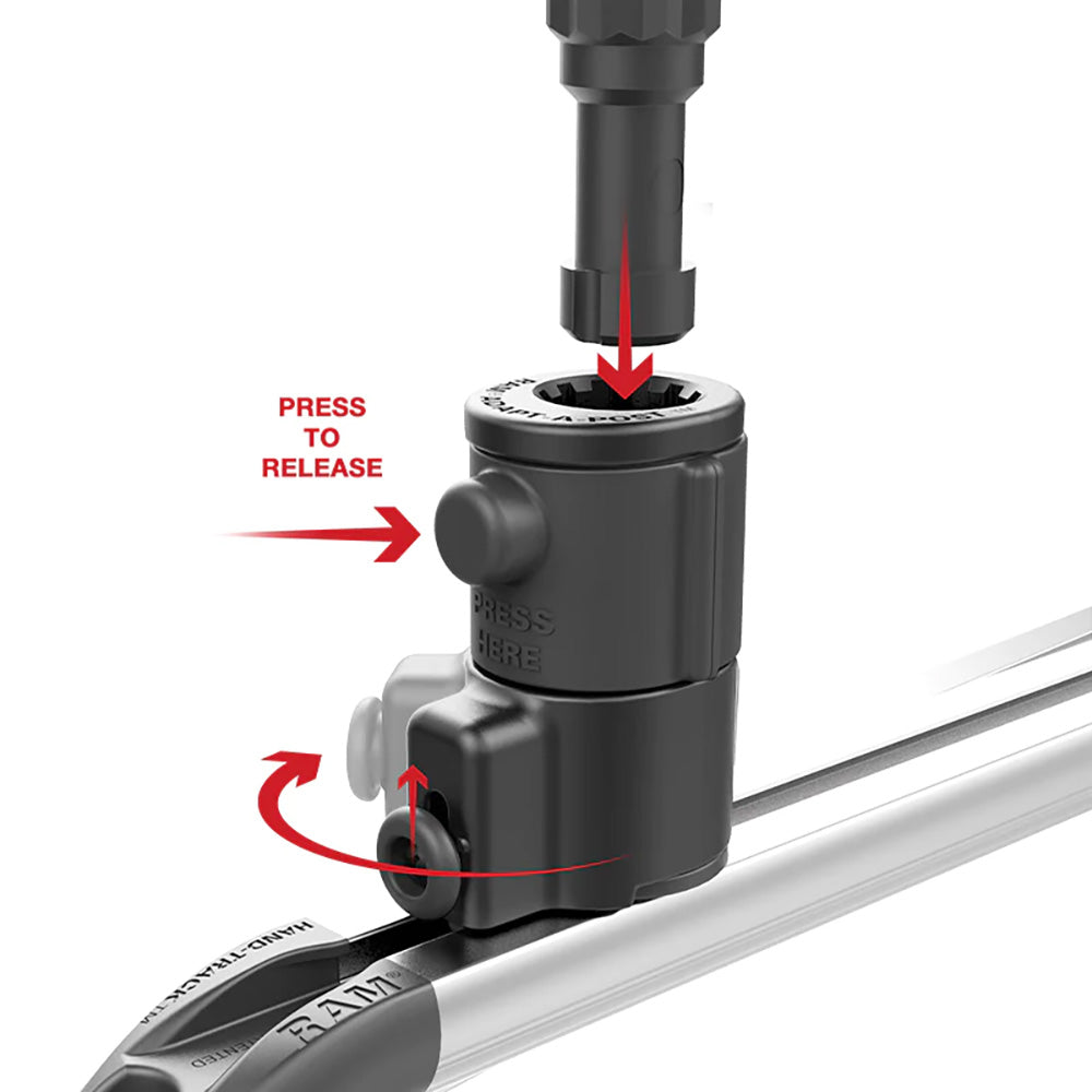 RAM Mount RAM Tube Jr. fishing rod holder with universal adapt-a-post track base and 4-inch post for secure fishing rod storage.
