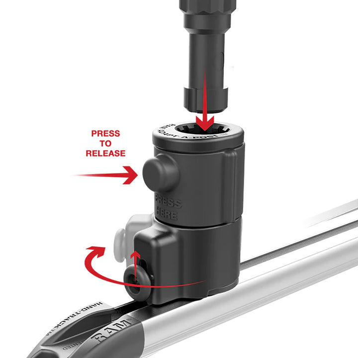 RAM Mount RAM Tube Jr. fishing rod holder with universal adapt-a-post track base and 4-inch post for secure fishing rod storage.