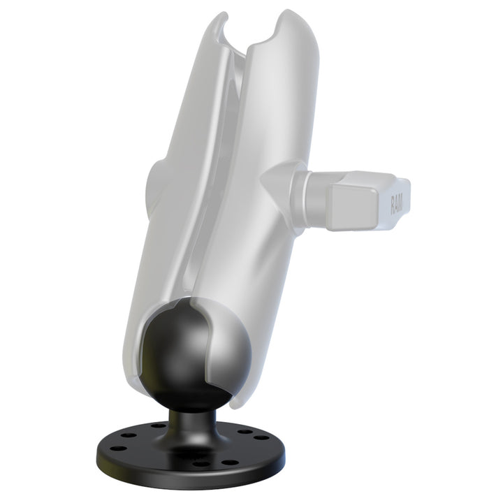 RAM Mount 2-1/2-inch diameter base with 1.5-inch ball for GPS accessories, in black with mounting holes.