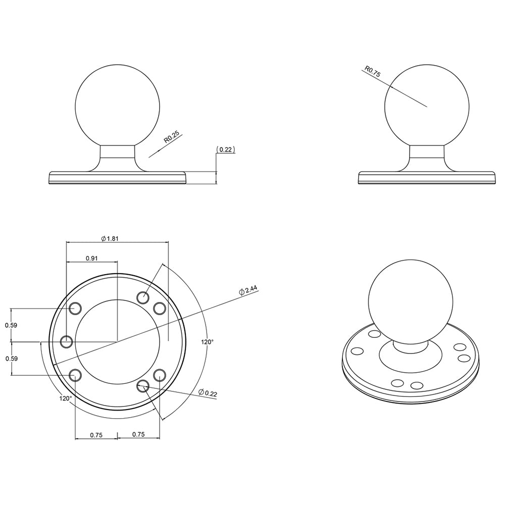 RAM Mount 2-1/2-inch diameter base with 1.5-inch ball for GPS accessories, durable mounting system by RAM Mounting Systems.