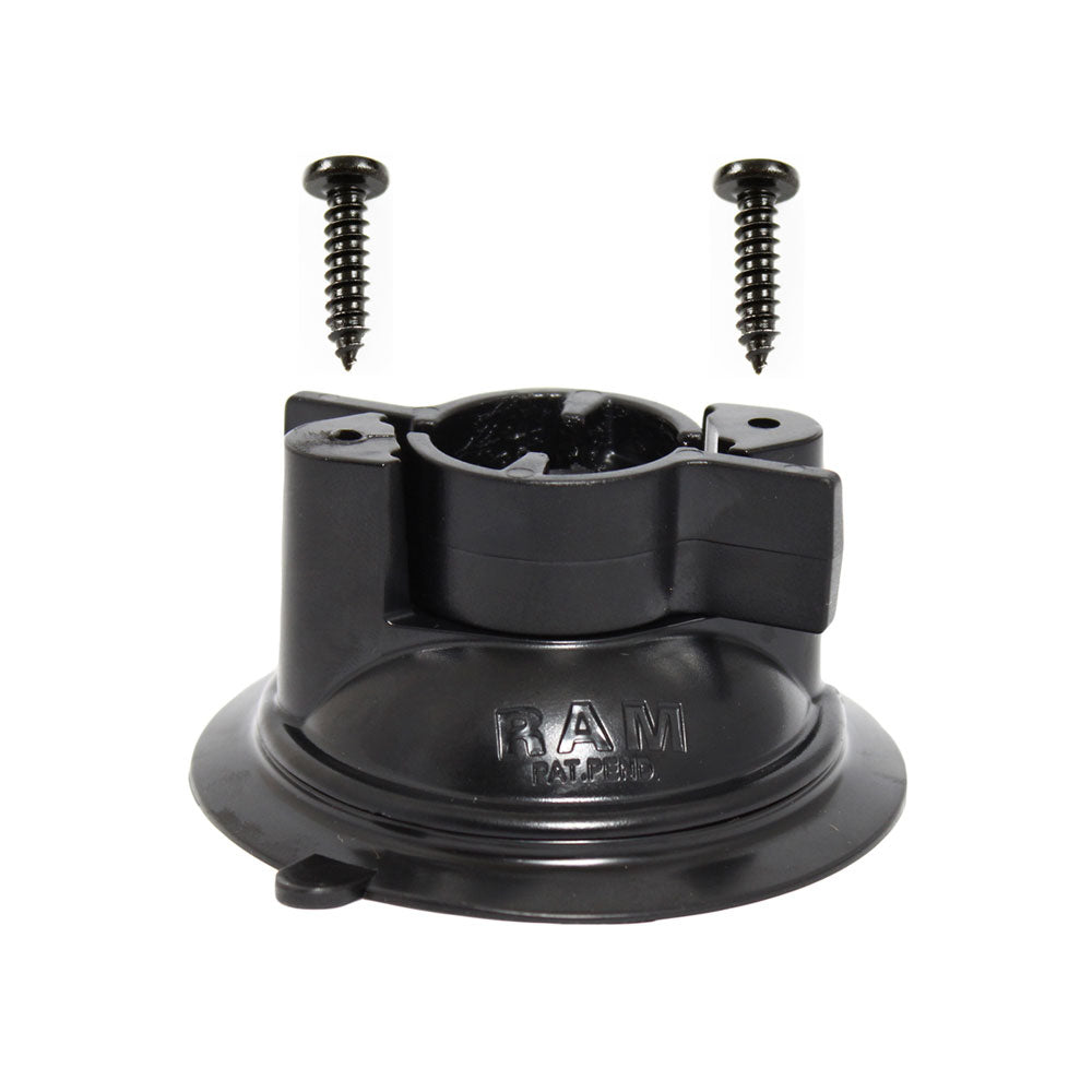 RAM Mount 3.3-inch suction cup base with twist lock for GPS accessories, featuring sturdy mounting and secure locking mechanism.