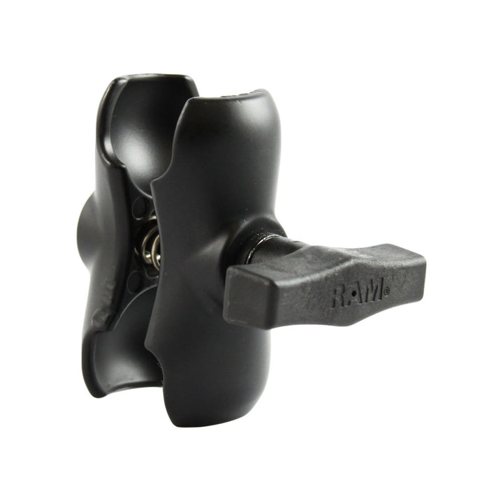 RAM Mount Short Double Socket Arm for 1.5-inch ball GPS accessories, made by RAM Mounting Systems, shown attached to GPS device.