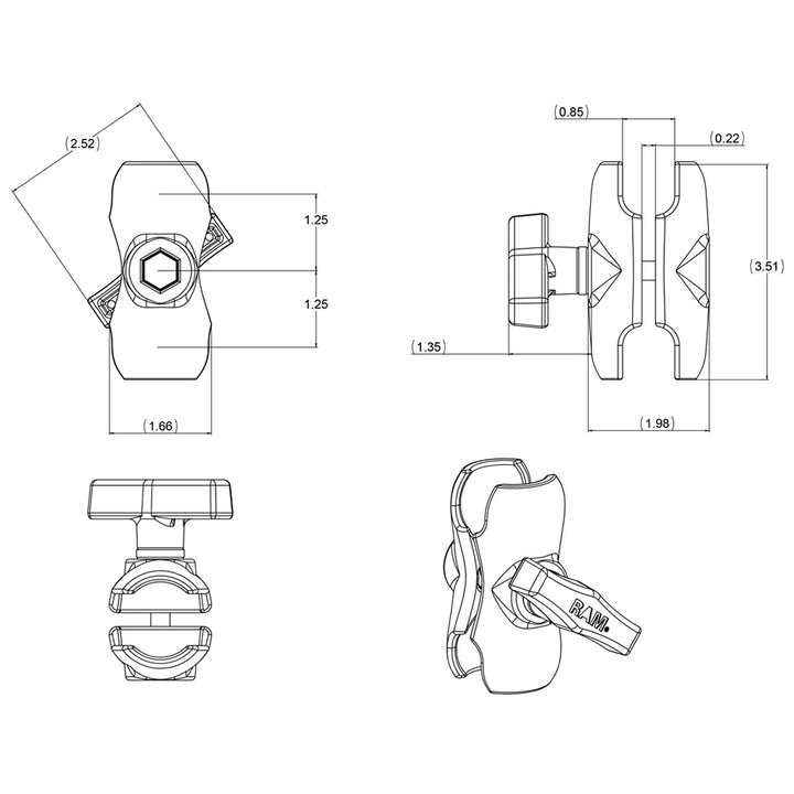 RAM Mount Short Double Socket Arm for 1.5-inch ball, GPS accessory, black metal mounting arm for flexible device positioning