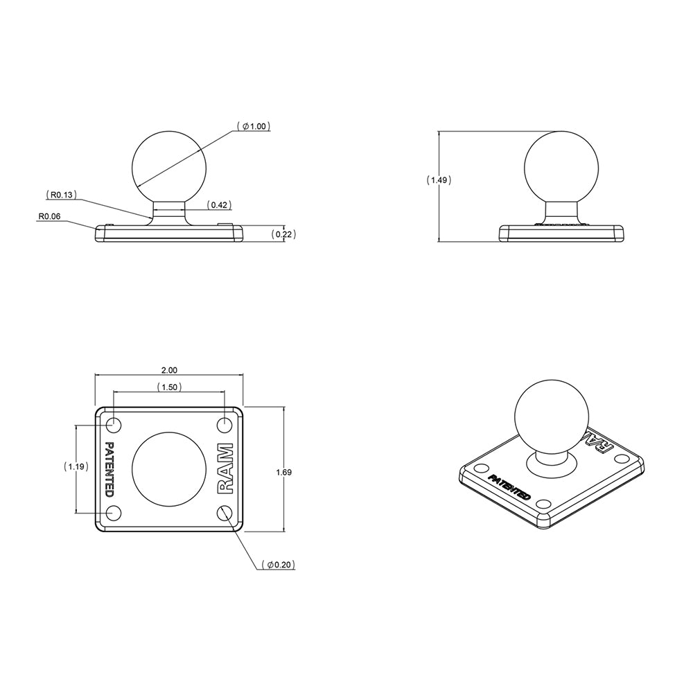 RAM Mount Square 2" x 1.7" base with 1" ball for GPS accessories, durable mounting system from RAM Mounting Systems.