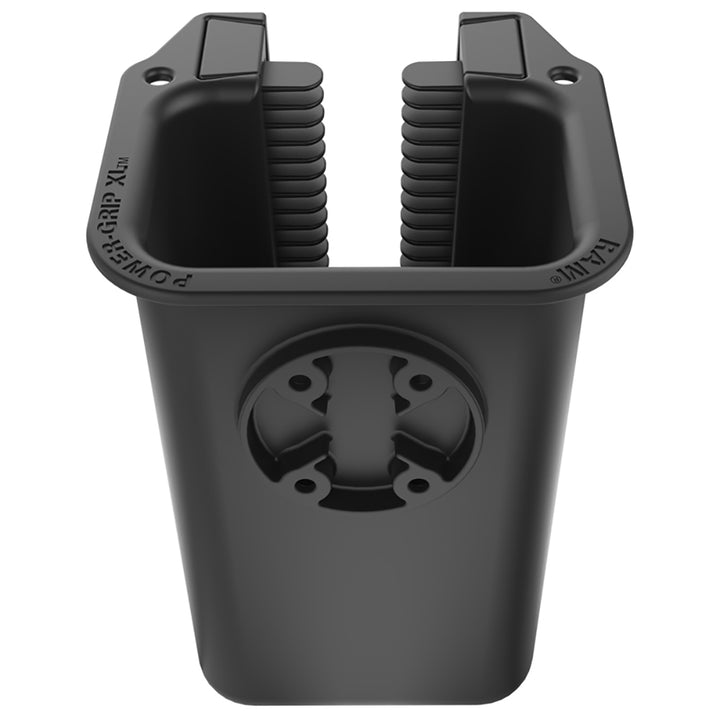 RAM Mount Power-Grip XL universal scanner gun holder for iPad, iPhone, and iPod mounts, with secure gripping and adjustable arm.