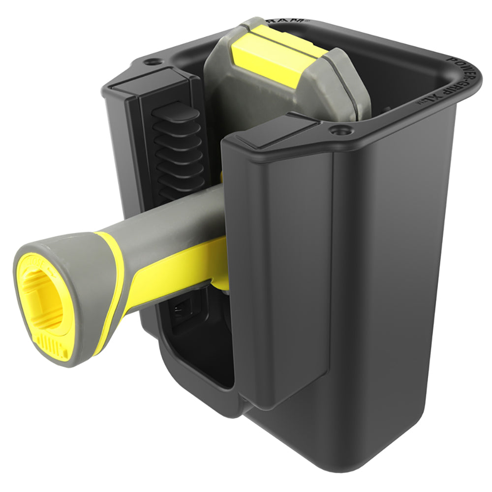 RAM Mount Power-Grip XL universal scanner gun holder for iPad, iPhone, and iPod mounts, with secure grip and adjustable arm.