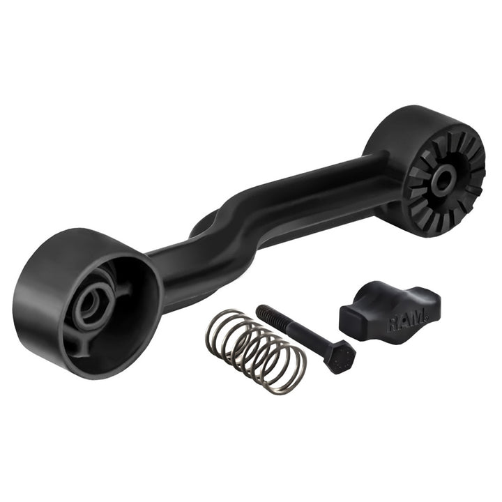 RAM Mount RAM-ROD Holder 8" Post Extension Arm for kayak mounts by RAM Mounting Systems, shown attached to a kayak.