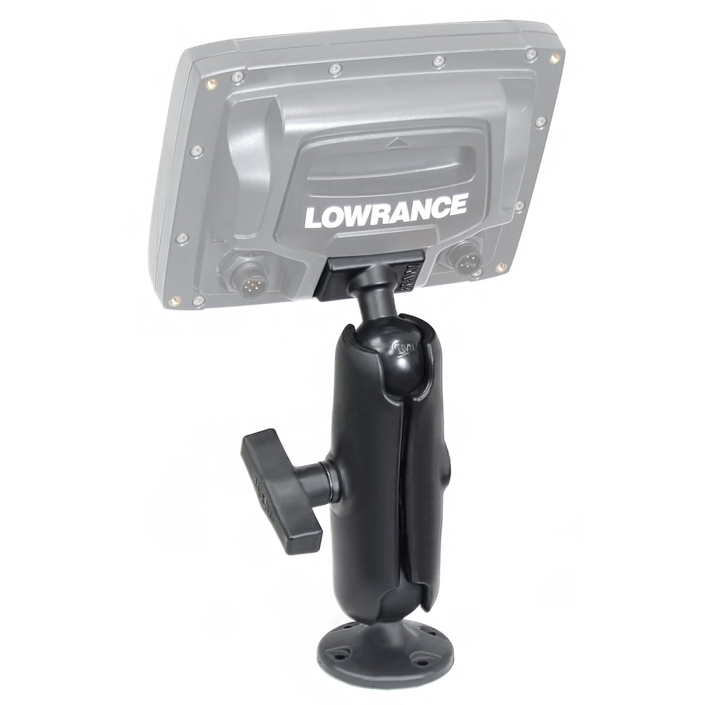 RAM Mount 1.5" ball composite mount for Lowrance Elite-5 and Mark-5 series fishfinders, rugged marine electronics mounting solution.
