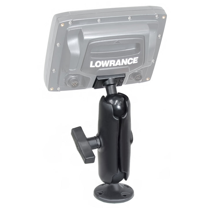 RAM Mount 1.5" ball composite mount for Lowrance Elite-5 and Mark-5 series fishfinders, rugged marine electronics mounting solution.