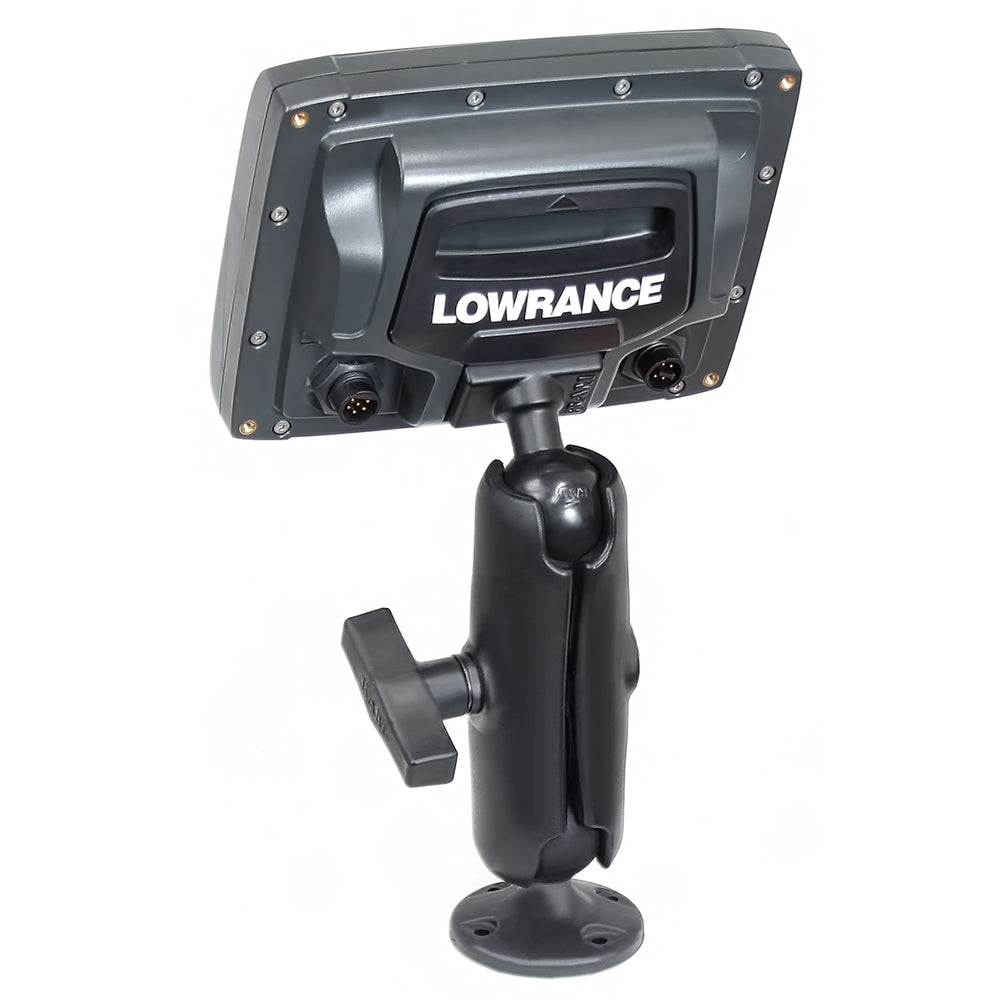 RAM Mount 1.5-inch ball composite mount for Lowrance Elite-5 and Mark-5 fishfinders, designed for rugged marine electronics use.