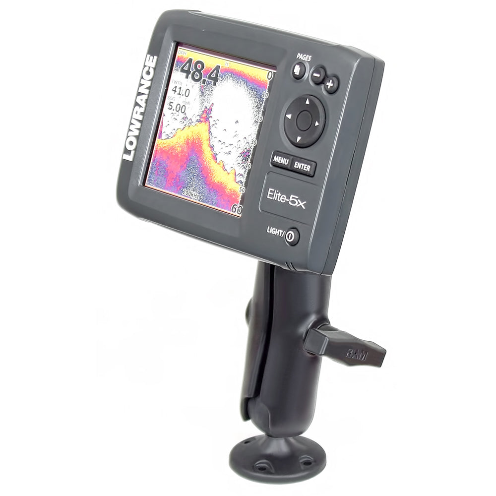 RAM Mount 1.5-inch ball composite mount for Lowrance Elite-5 and Mark-5 fishfinders, designed for rugged marine use.
