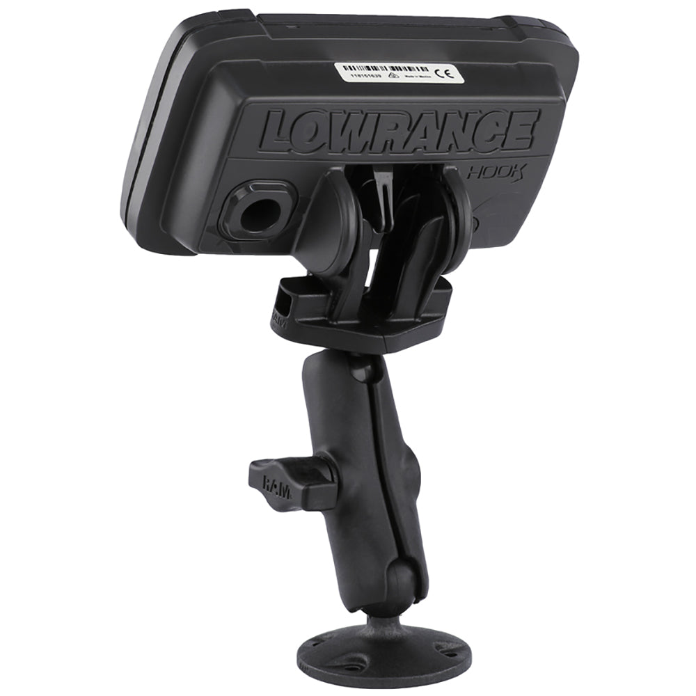 RAM Mount B size 1-inch composite fishfinder mount for Lowrance Hook2 series marine electronics, durable and adjustable.