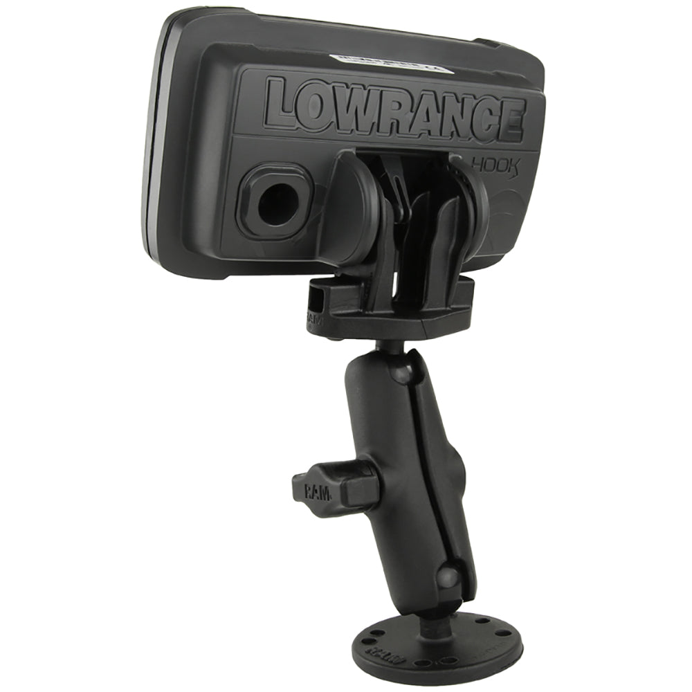 RAM Mount B size 1-inch Fishfinder Mount for Lowrance Hook2 series marine electronics by RAM Mounting Systems, shown attached.