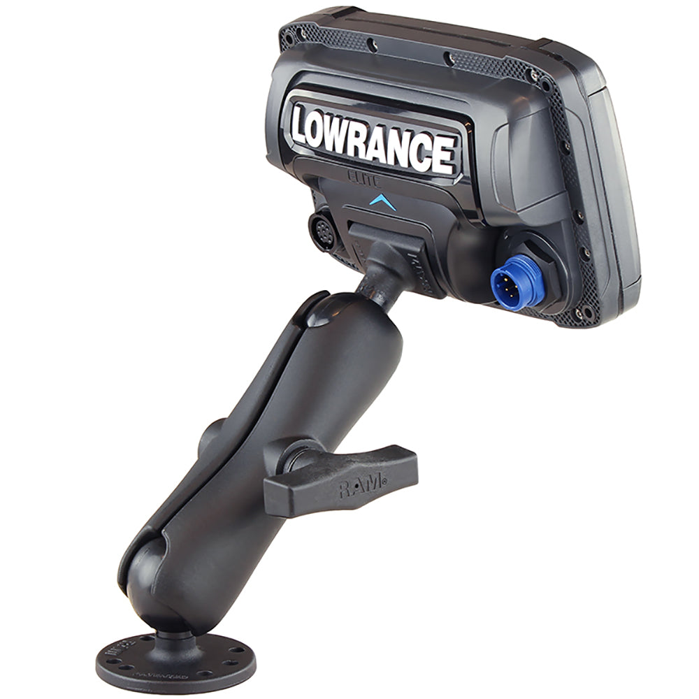 RAM Mount Quick Release Mount for Lowrance Mark and Elite 5 marine electronics, durable and secure marine electronics mount.