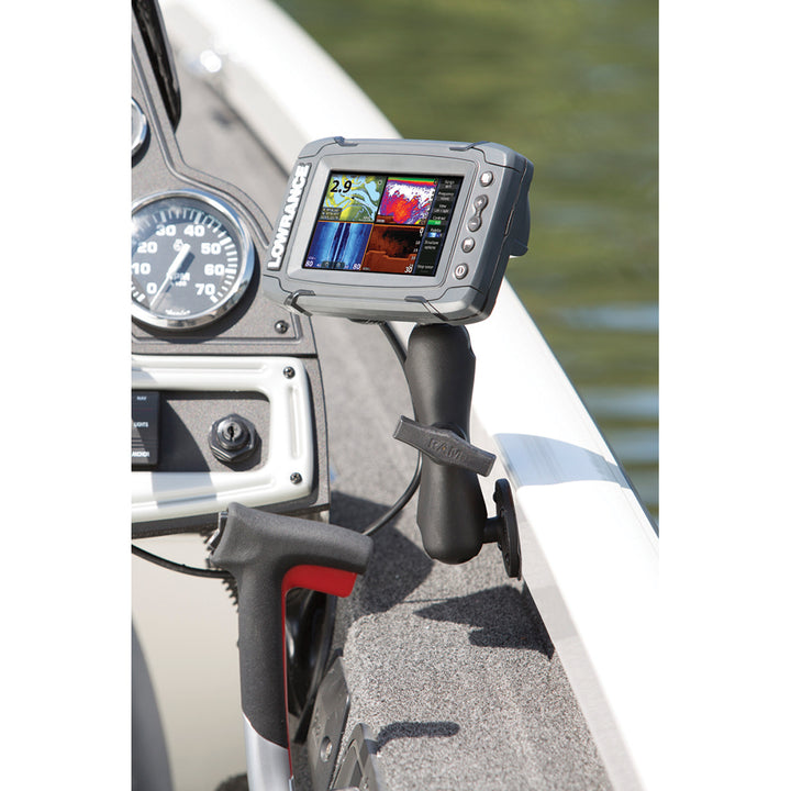 RAM Mount quick release mount for Lowrance Mark and Elite 5 marine electronics, sturdy RAM mounting system for boats.