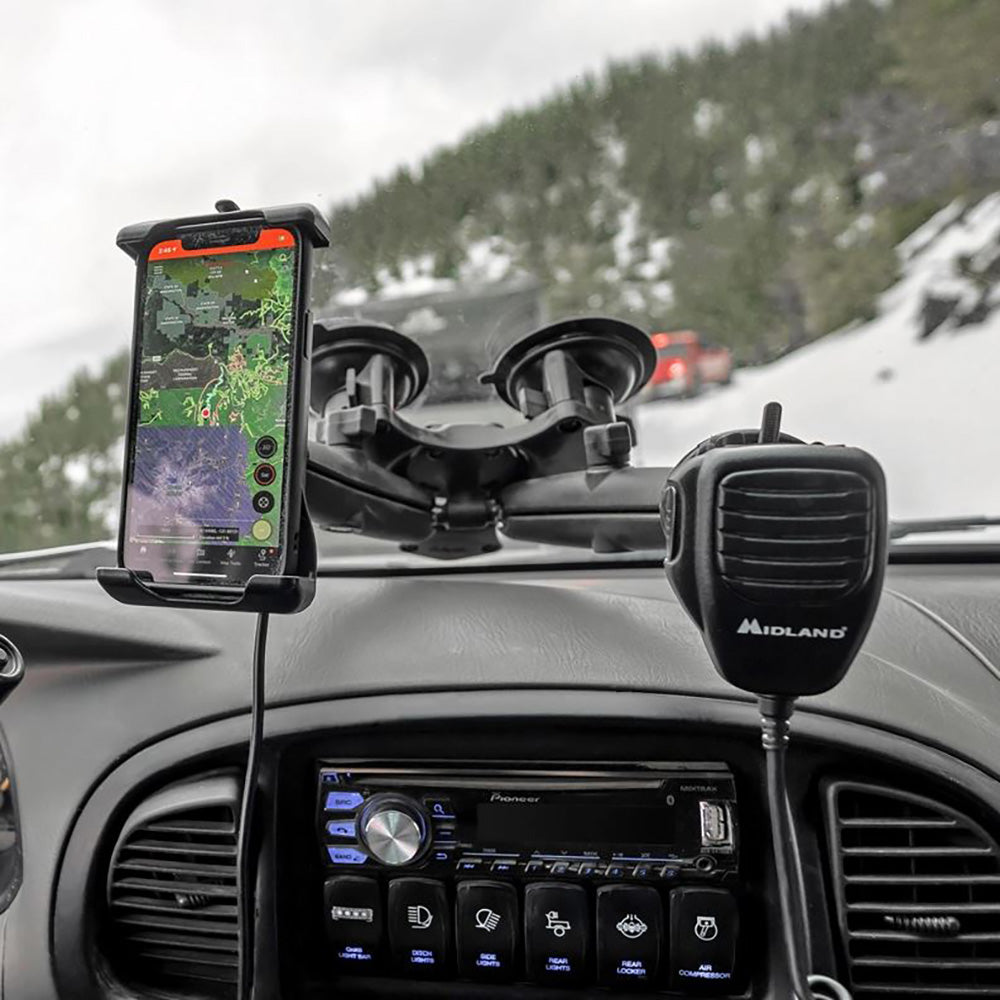 RAM Mounting Systems marine electronics mount featuring the RAM Universal Microphone Clip Adapter for secure microphone attachment.