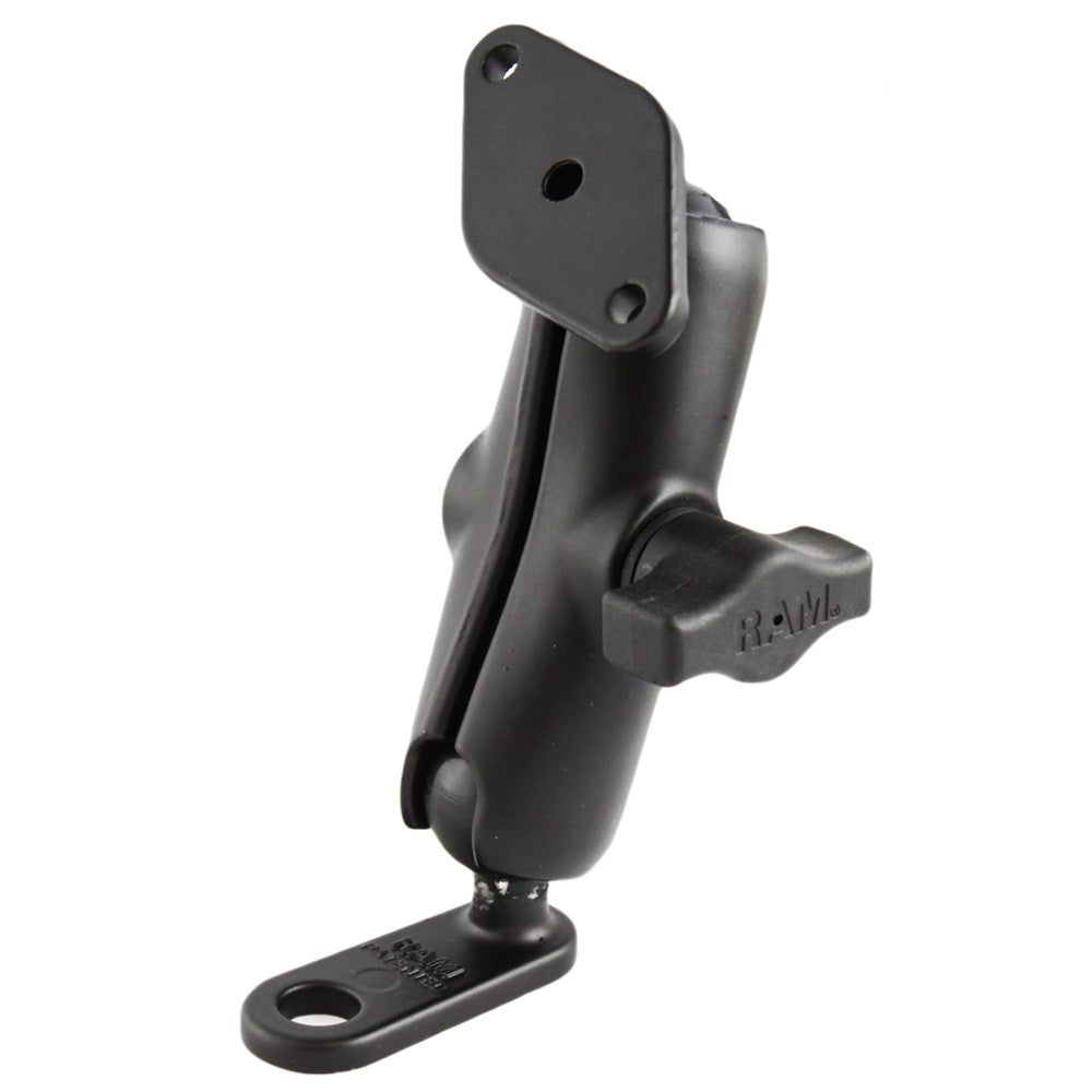 RAM Mount 11mm flat base motorcycle mount with double socket arm and diamond adapter for secure handlebar installation.