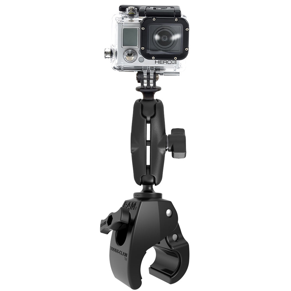 RAM Mount Medium Tough-Claw Rail/Handle Bar Mount with custom GoPro Hero adapter for secure camera attachment.