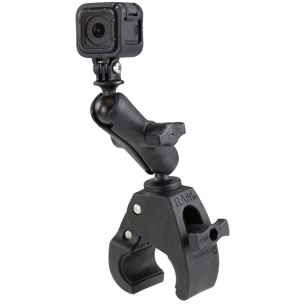 RAM Mount Medium Tough-Claw Rail/Handlebar Mount with custom GoPro Hero adapter, securely attaches to bikes or motorcycles.